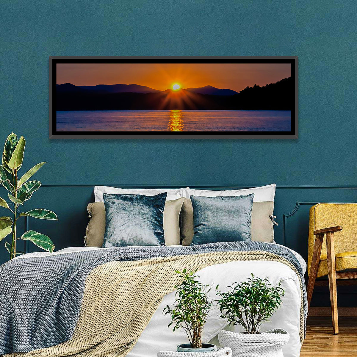 Lake Jocassee Golden Sunrise Wall Art in a room, panoramic