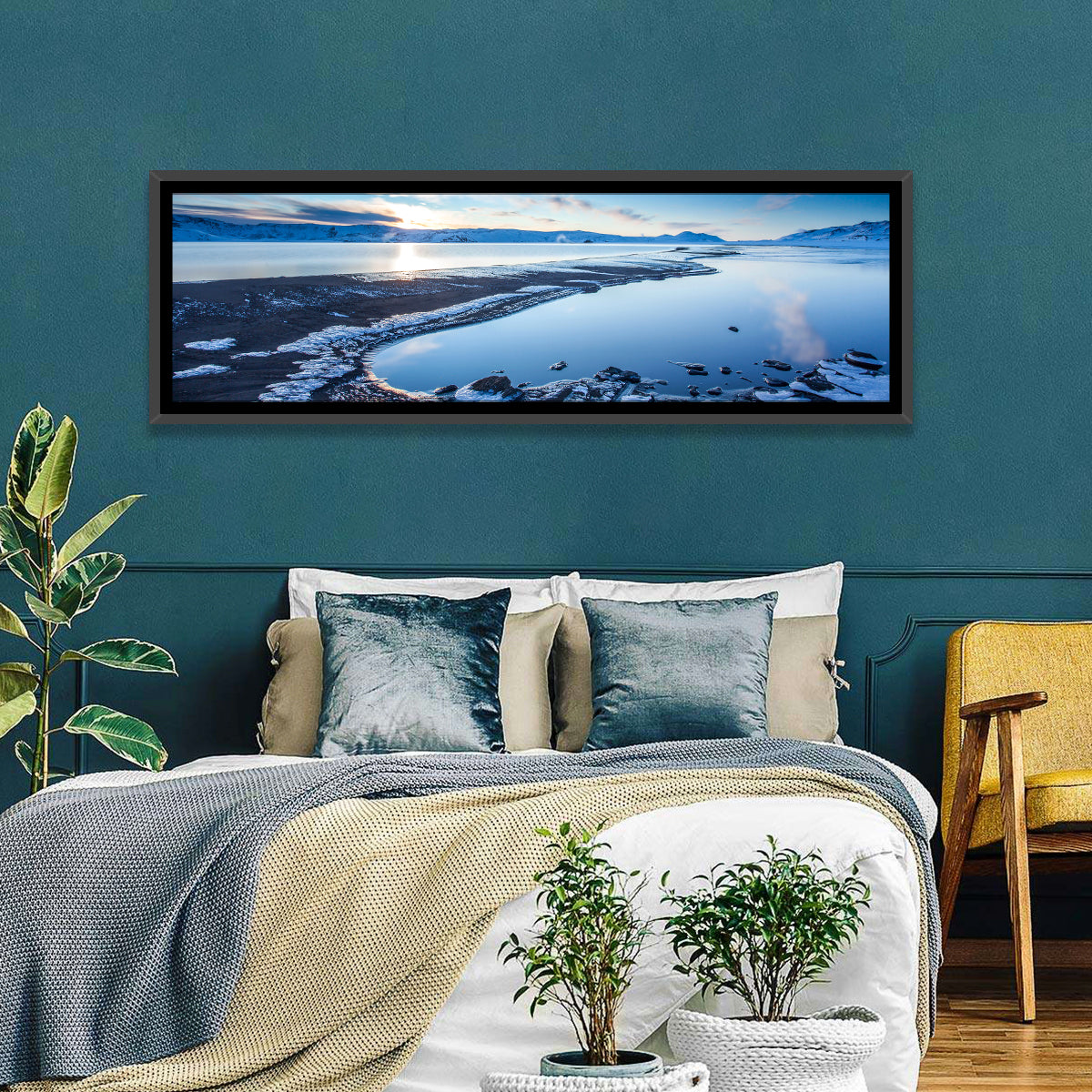 Lake Kleifarvatn Icy Shoreline Wall Art in a room, panoramic