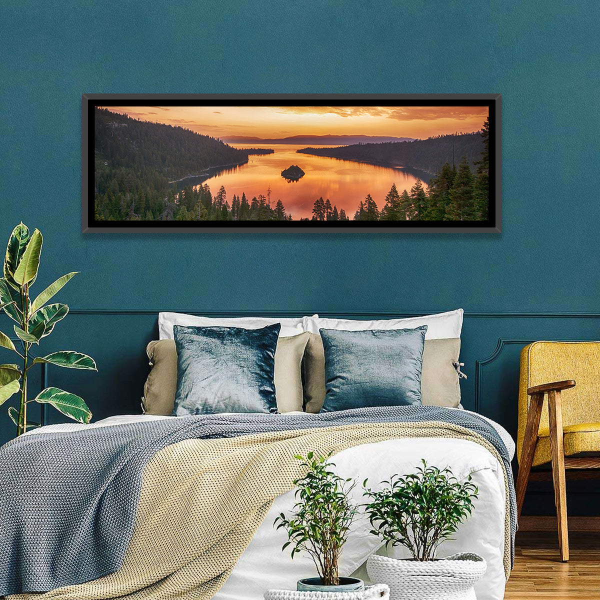 Emerald Bay Sunrise, Lake Tahoe Wall Art in a room, panoramic