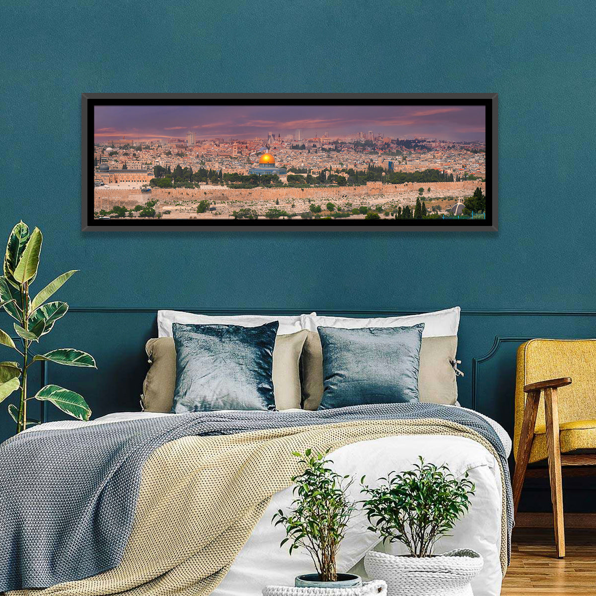 Jerusalem Golden Dome at Dusk Wall Art in a room, panoramic