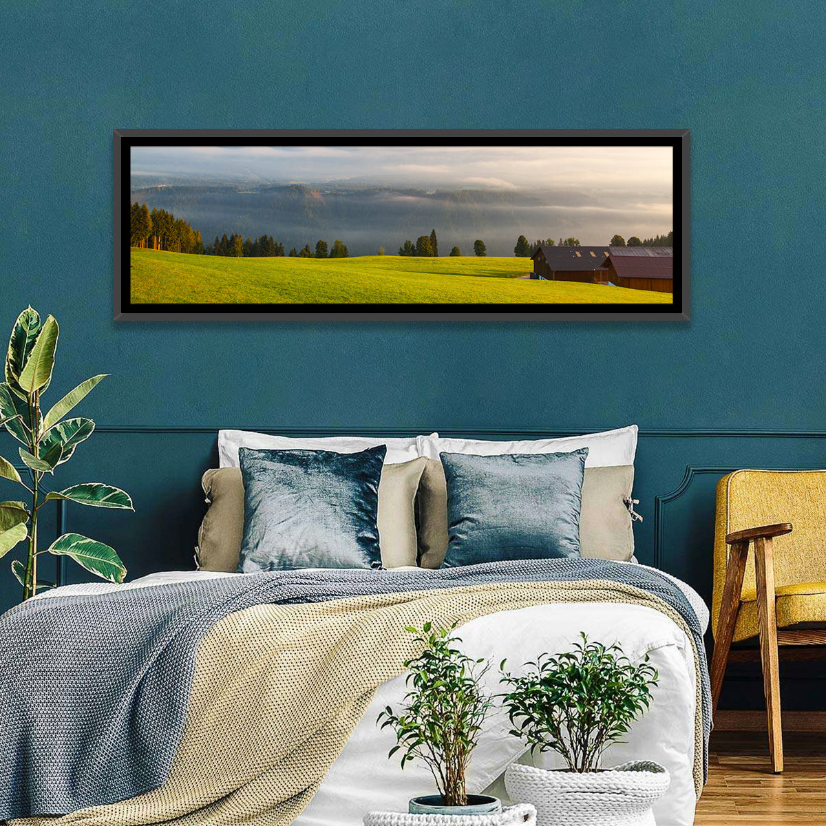 Sunlit Mountain Clouds Wall Art in a room, panoramic