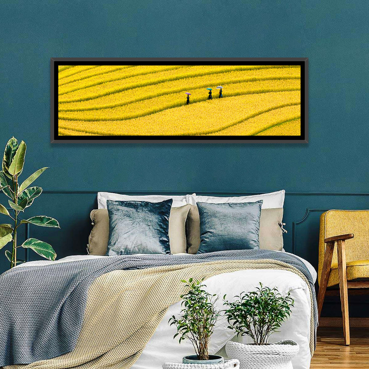 Golden Rice Terraces with Umbrellas Wall Art in a room, panoramic
