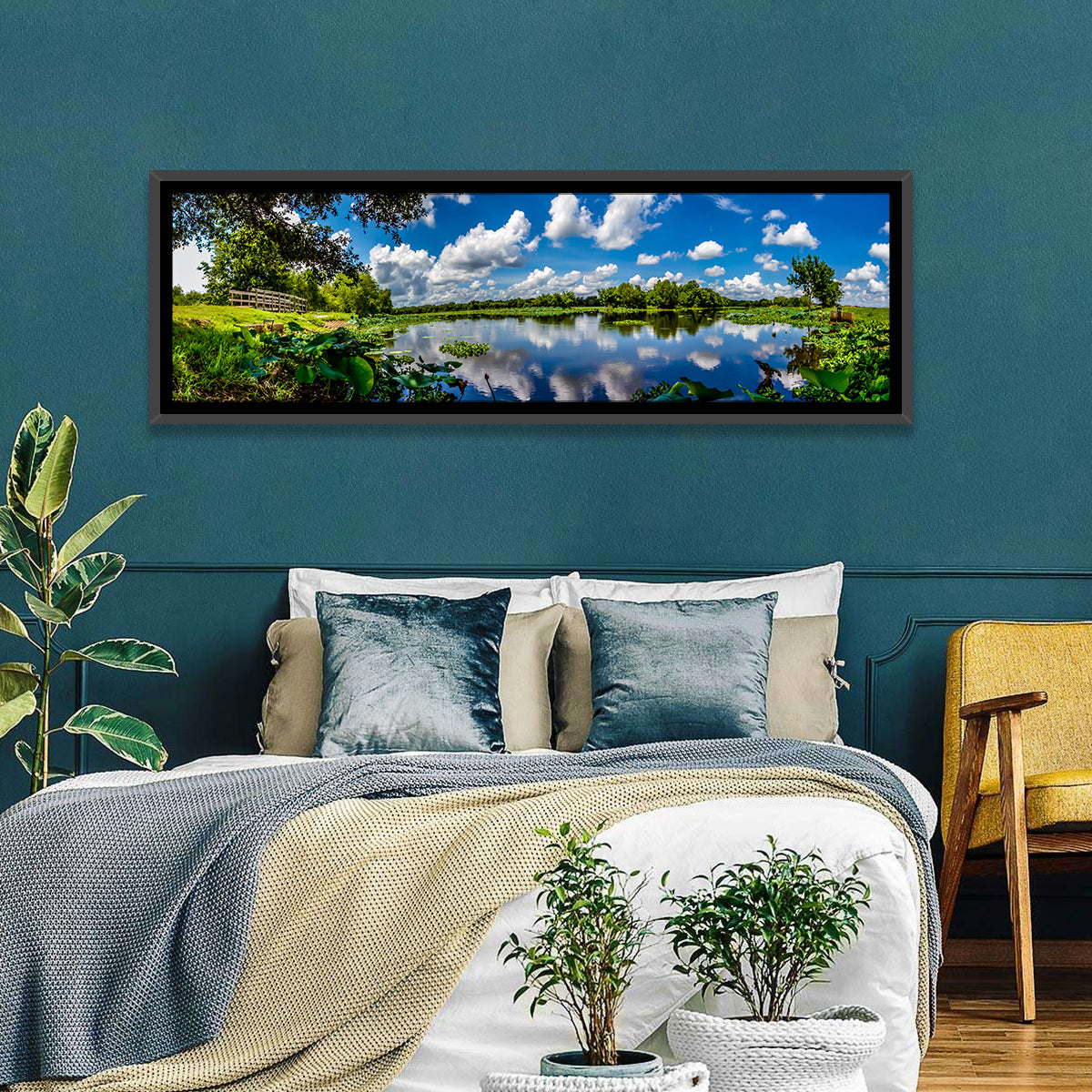 Brazos Bend Lake Reflection Wall Art in a room, panoramic