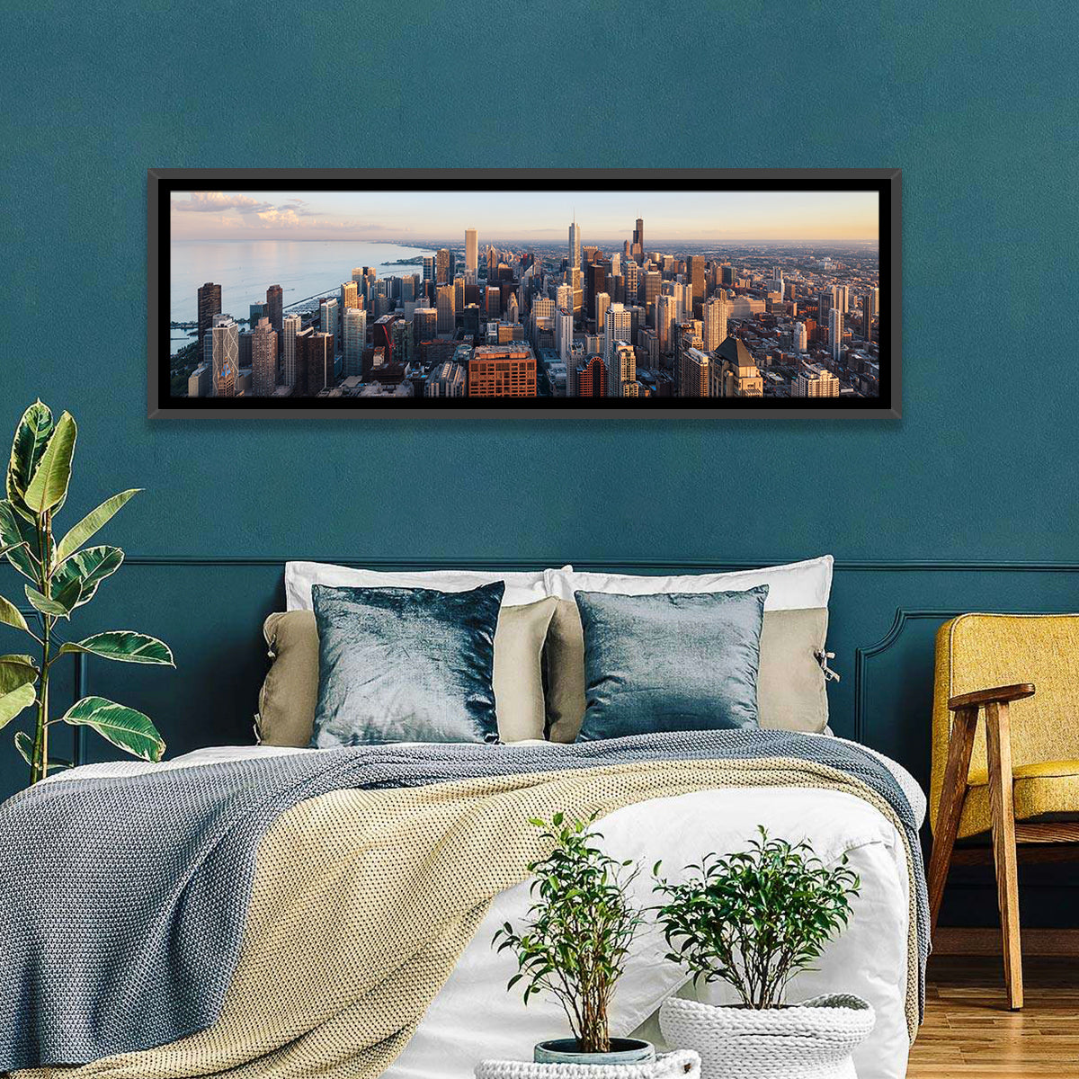 Chicago Skyline at Golden Hour Wall Art in a room, panoramic