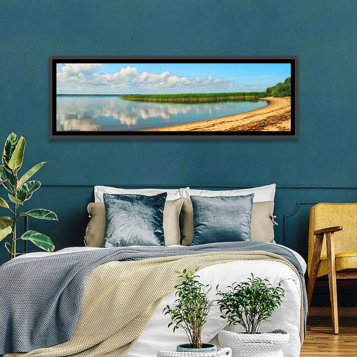 Lake Pskov Shoreline Wall Art in a room, panoramic