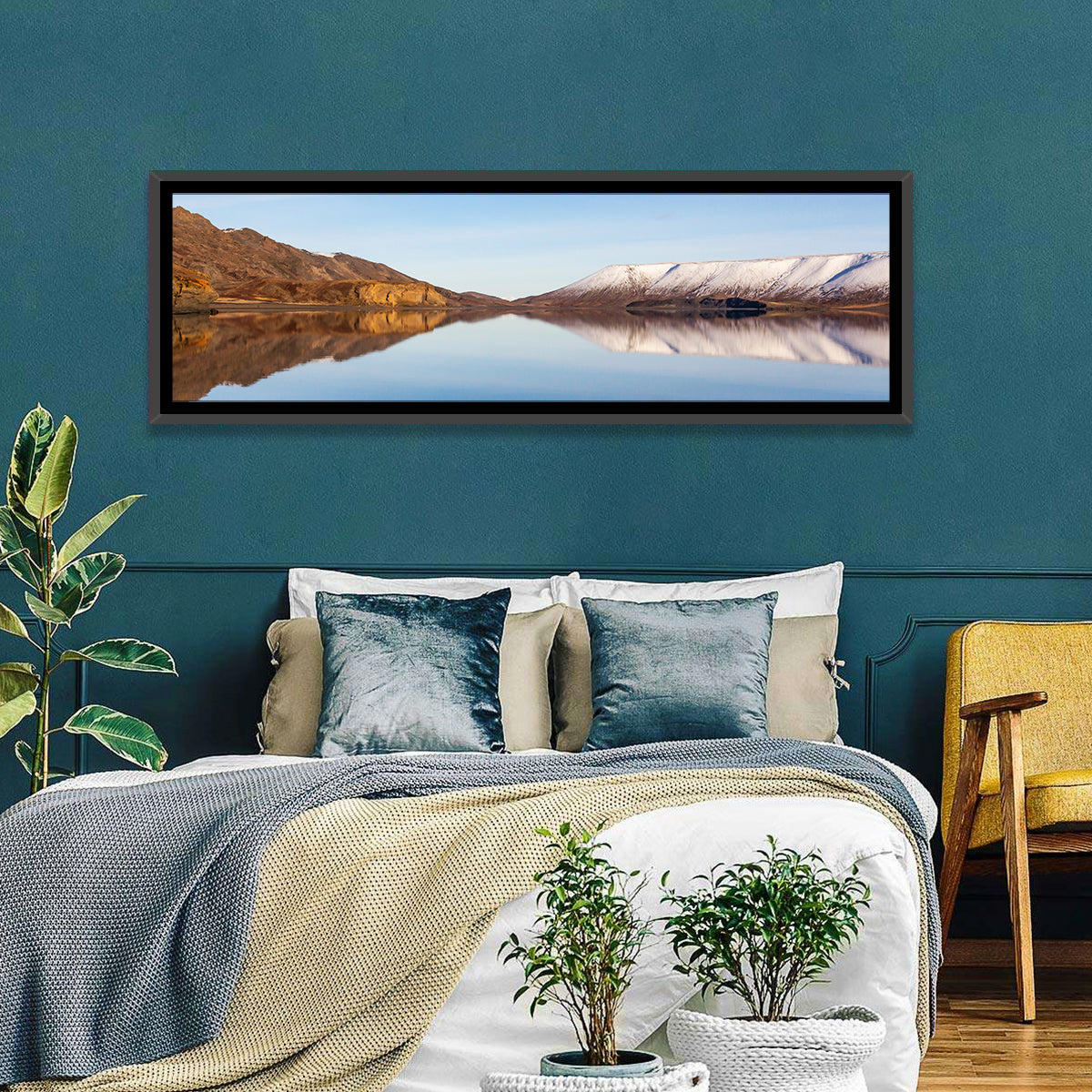 Lake Kleifarvatn Reflection Wall Art in a room, panoramic