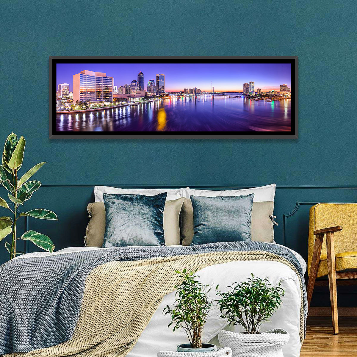 Jacksonville Twilight Skyline Wall Art in a room, panoramic