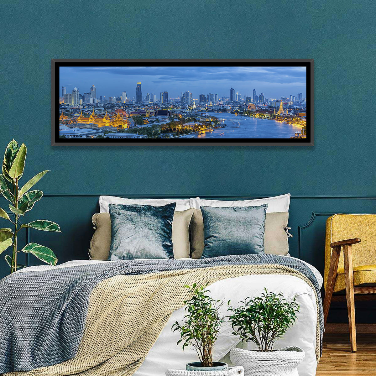 Bangkok Skyline at Blue Hour Wall Art in a room, panoramic