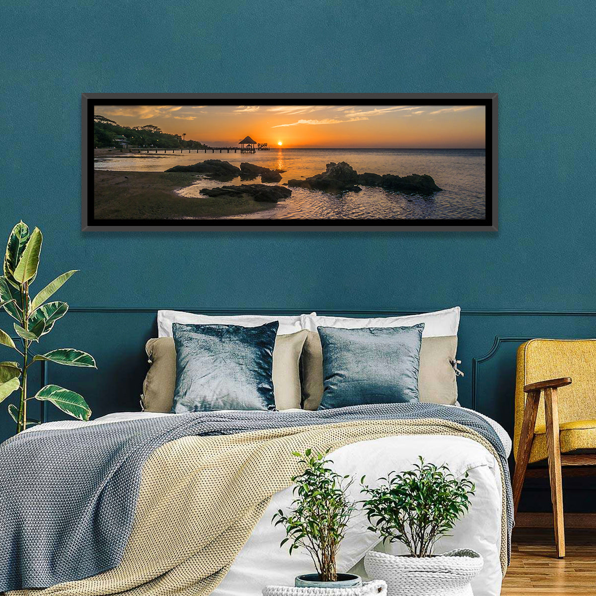 Roatan Pier Sunset Wall Art in a room, panoramic