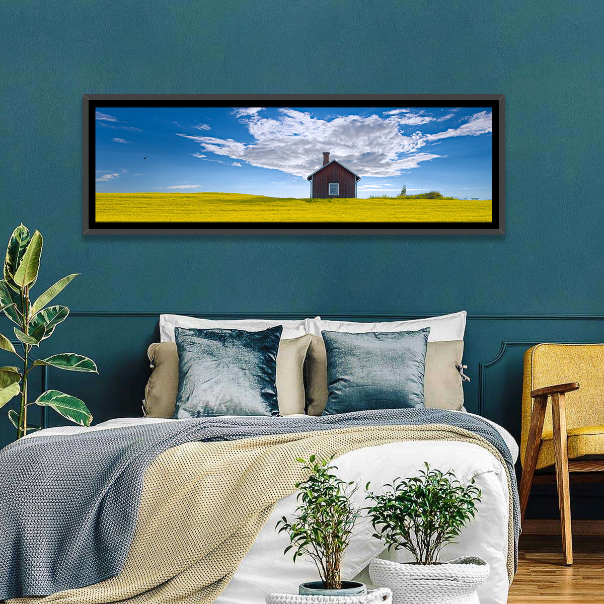 Red Barn in Golden Wheat Field Wall Art in a room, panoramic