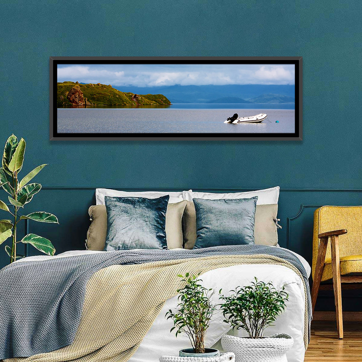 Kronotskое Lake with Boat Wall Art in a room, panoramic