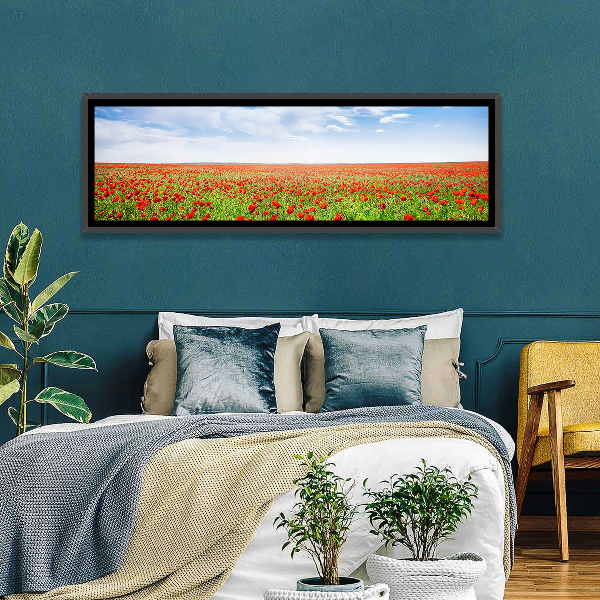 Red Poppy Field Wall Art in a room, panoramic
