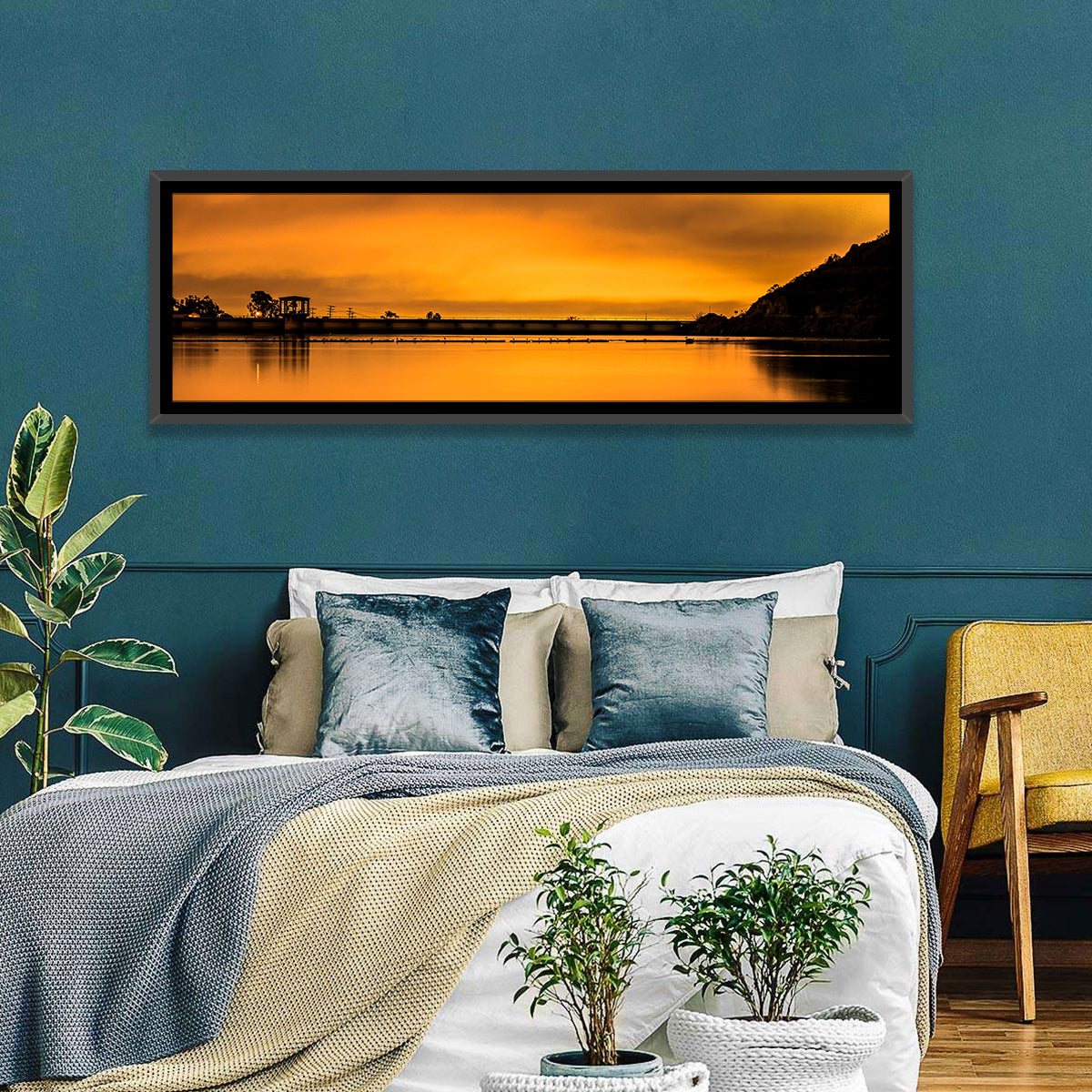 Lake Murray Sunset Wall Art in a room, panoramic