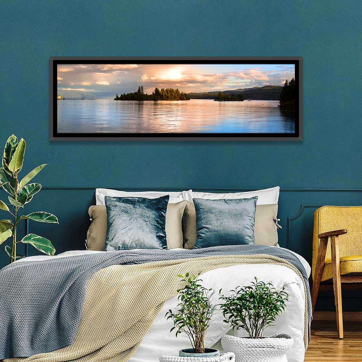 Flathead Lake Golden Hour Wall Art in a room, panoramic