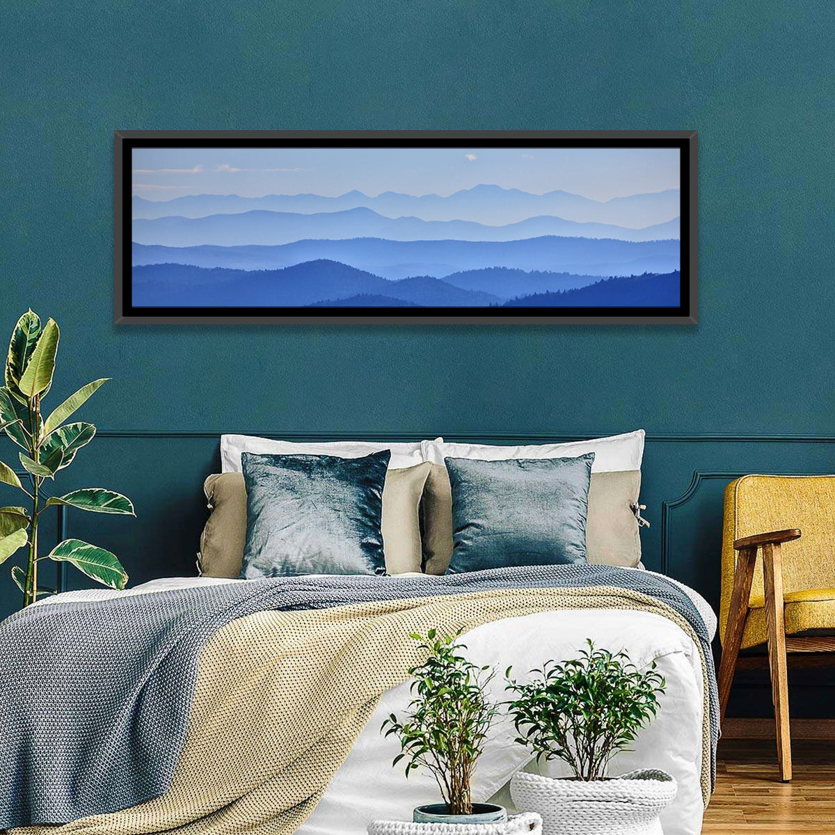 Misty Blue Mountain Valley Wall Art in a room, panoramic