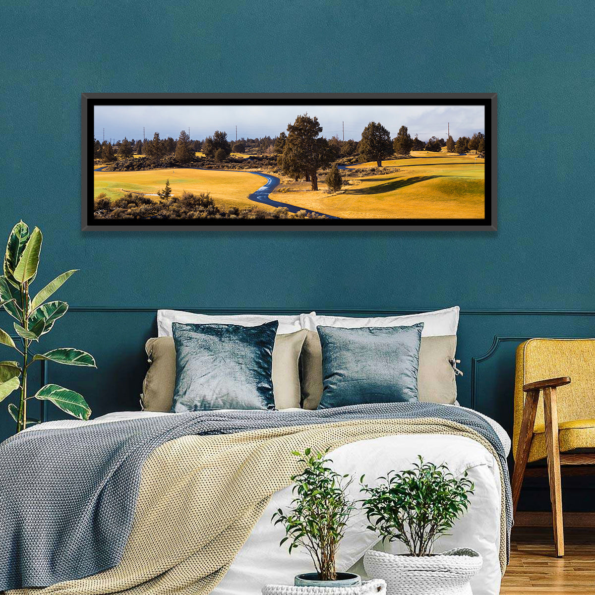 Central Oregon Golf Course with Winding Path Wall Art in a room, panoramic