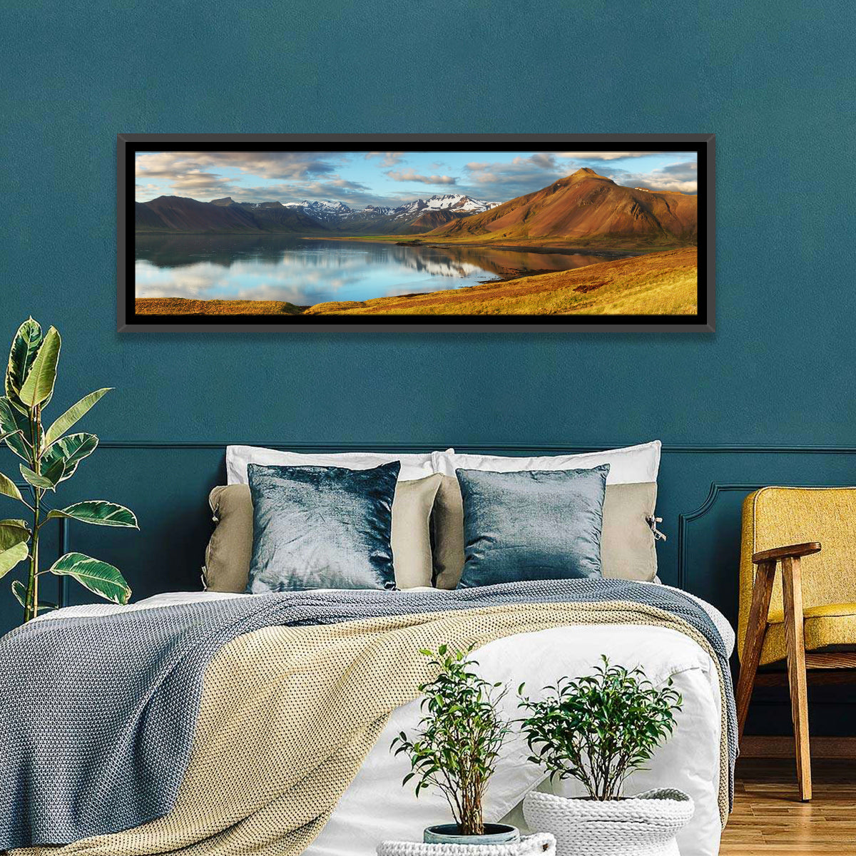 Icelandic Mountain Lake at Golden Hour Wall Art in a room, panoramic