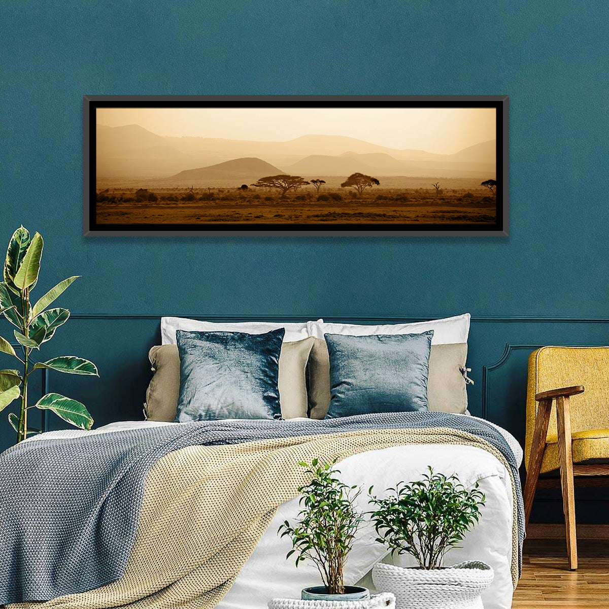 Hazy Savannah at Dawn Wall Art in a room, panoramic
