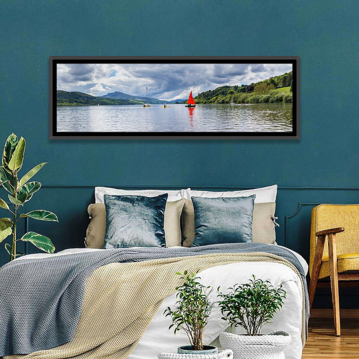 Bala Lake Sailboat Reflection Wall Art in a room, panoramic