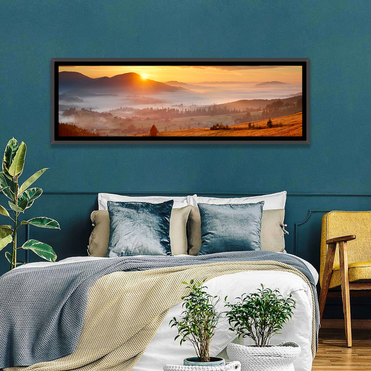 Foggy Mountain Village Wall Art in a room, panoramic