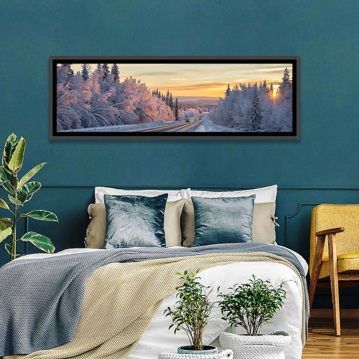 Winter Road at Sunset Wall Art in a room, panoramic