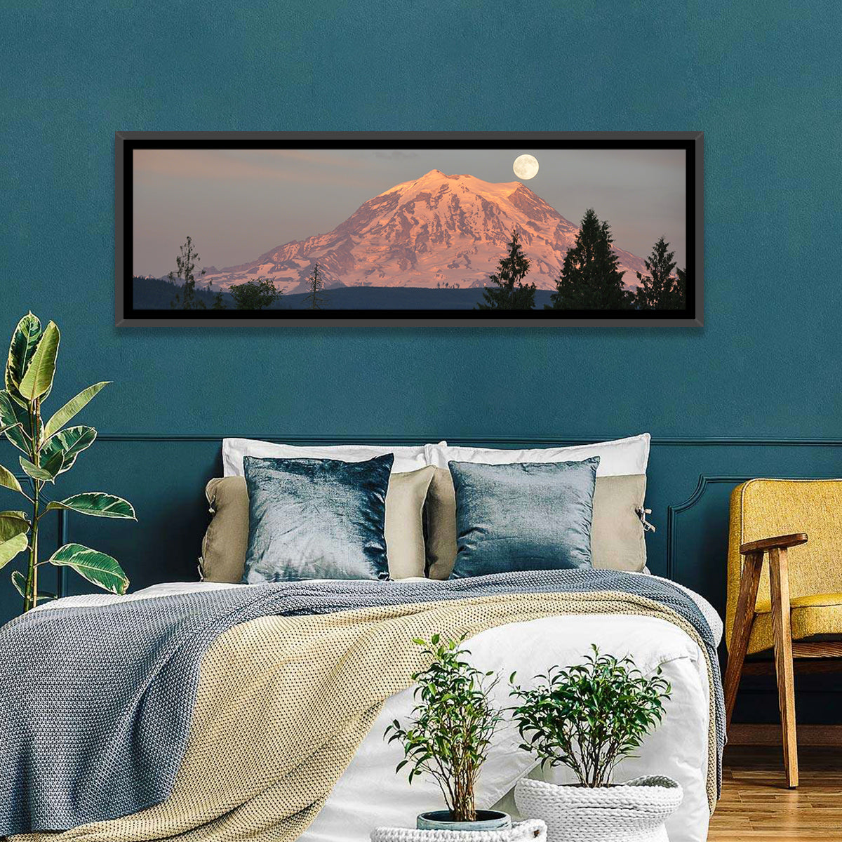 Mount Rainier Alpenglow with Full Moon Wall Art in a room, panoramic