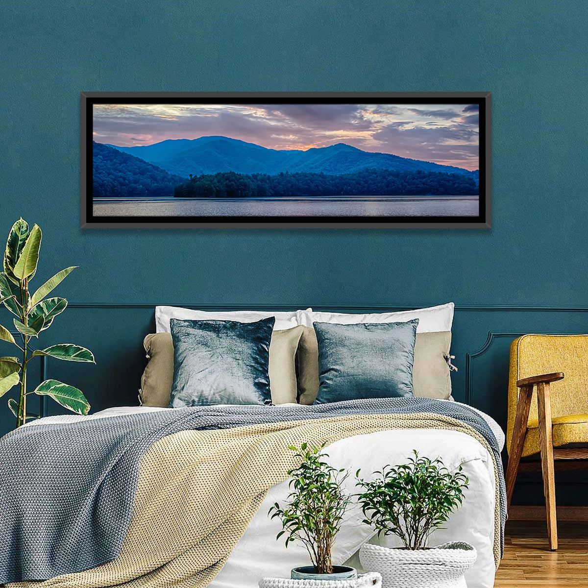 Lake Santeetlah Sunset Glow Wall Art in a room, panoramic