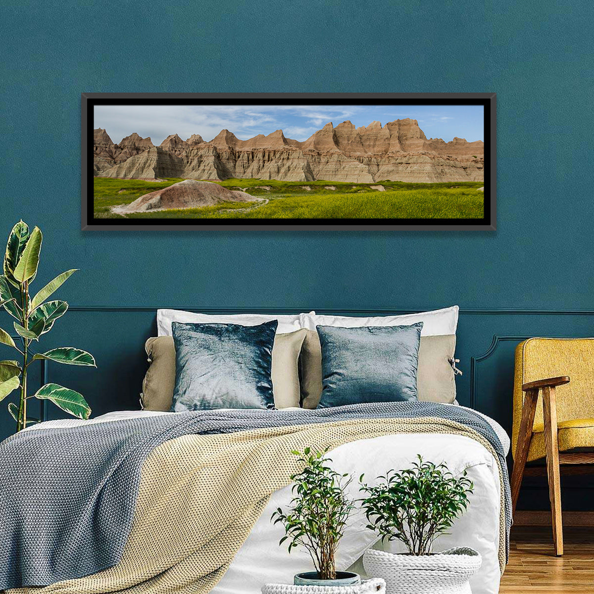 Badlands Meadow and Rock Formations Wall Art in a room, panoramic