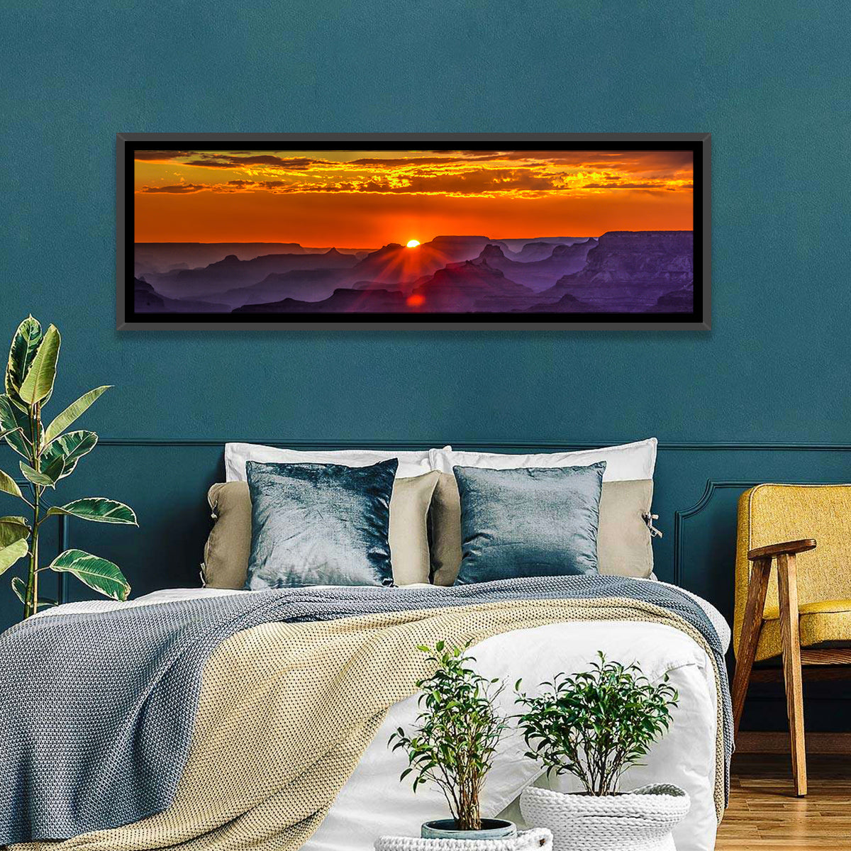 Lipan Point Sunset Sunburst Wall Art in a room, panoramic