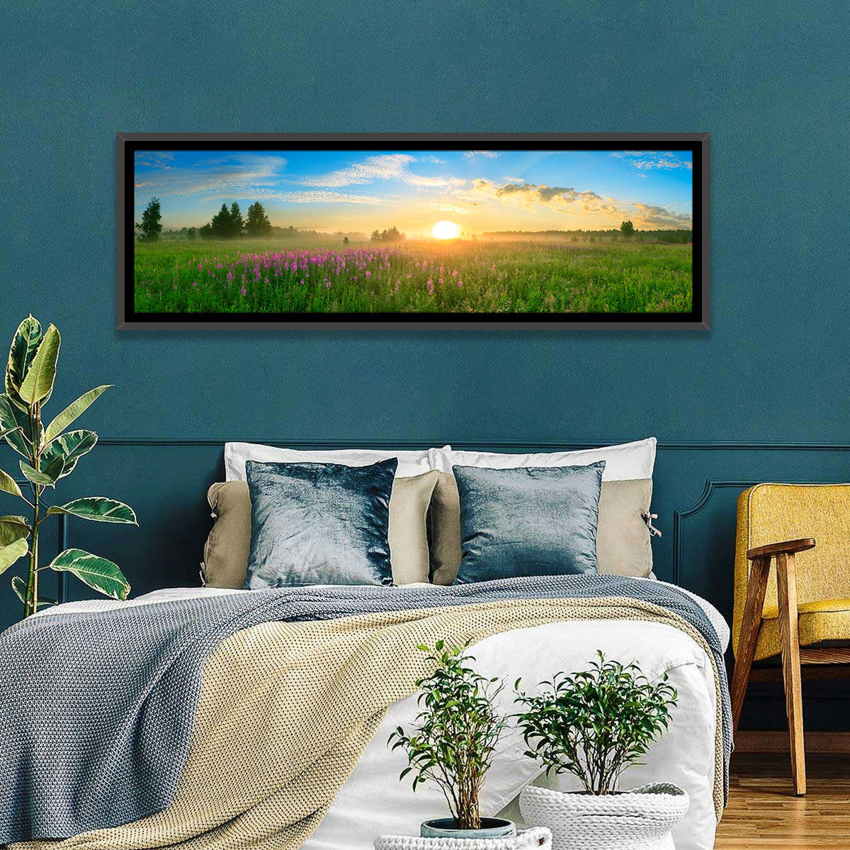 Fireweed Meadow Sunrise Wall Art in a room, panoramic