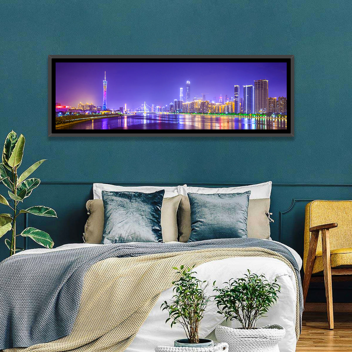 Guangzhou Skyline Night Over Pearl River Wall Art in a room, panoramic