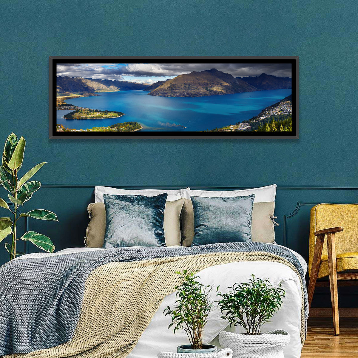 Lake Wakatipu Vista Wall Art in a room, panoramic