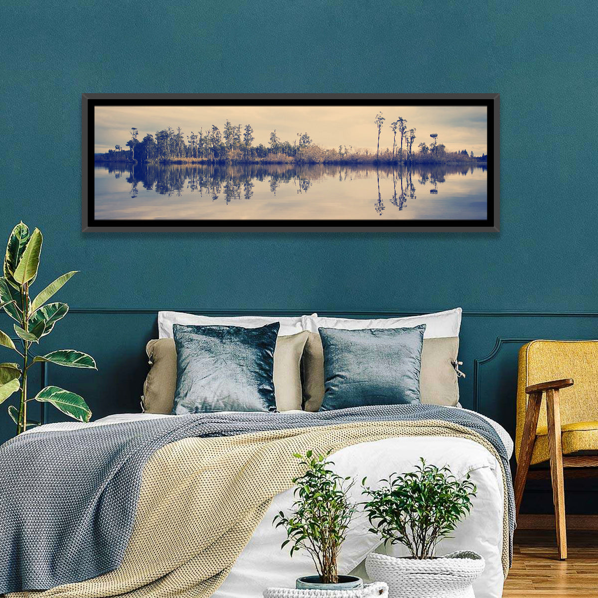 Sunset Over Forest Lake Wall Art in a room, panoramic