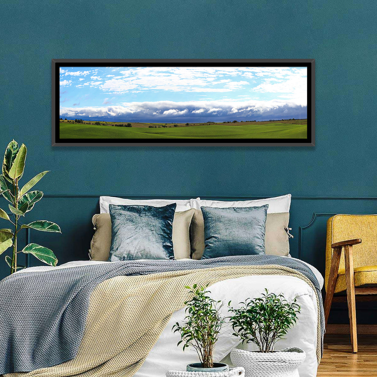 Storm Clouds Over Iowa Fields Wall Art in a room, panoramic