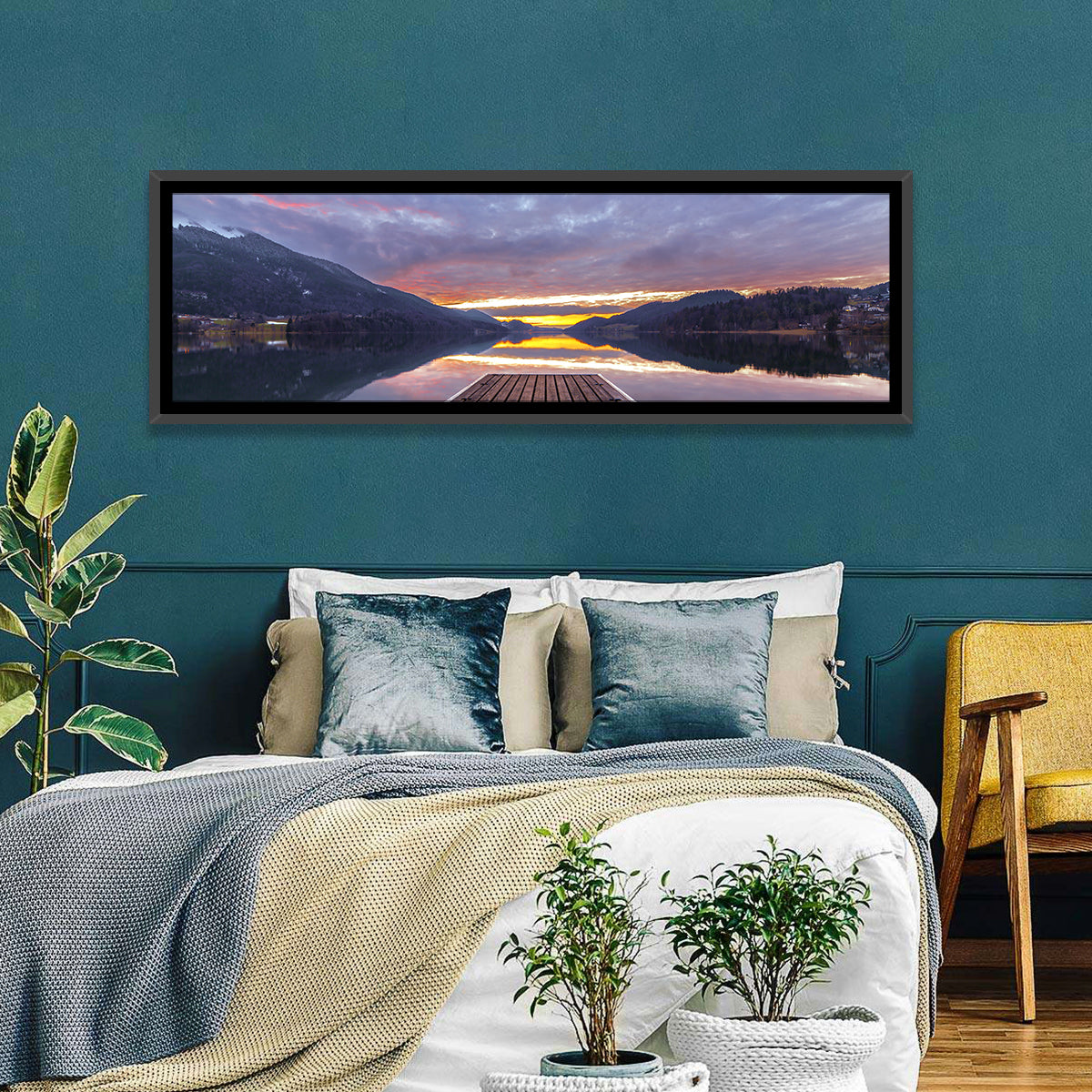 Fuschlsee Pier at Sunset Wall Art in a room, panoramic