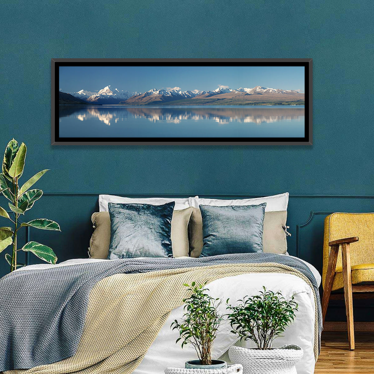 Mount Cook Reflection Over Lake Pukaki Wall Art in a room, panoramic