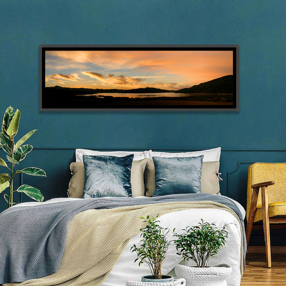 Lake Casitas Sunrise Wall Art in a room, panoramic