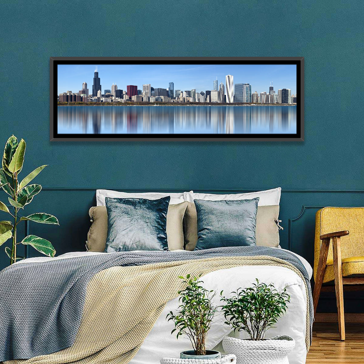 Chicago Skyline Reflection Wall Art in a room, panoramic