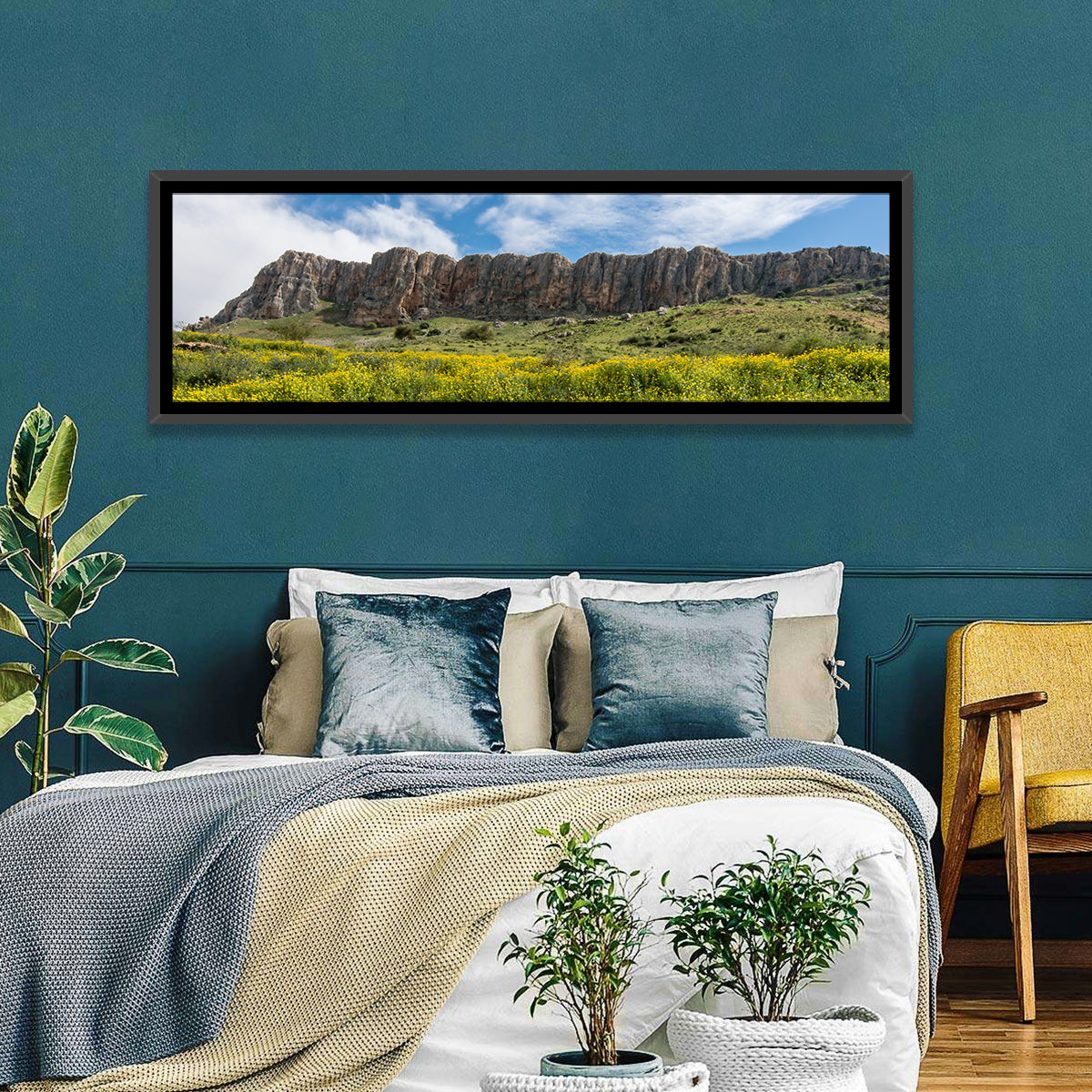 Mount Arbel Wildflower Meadow Wall Art in a room, panoramic