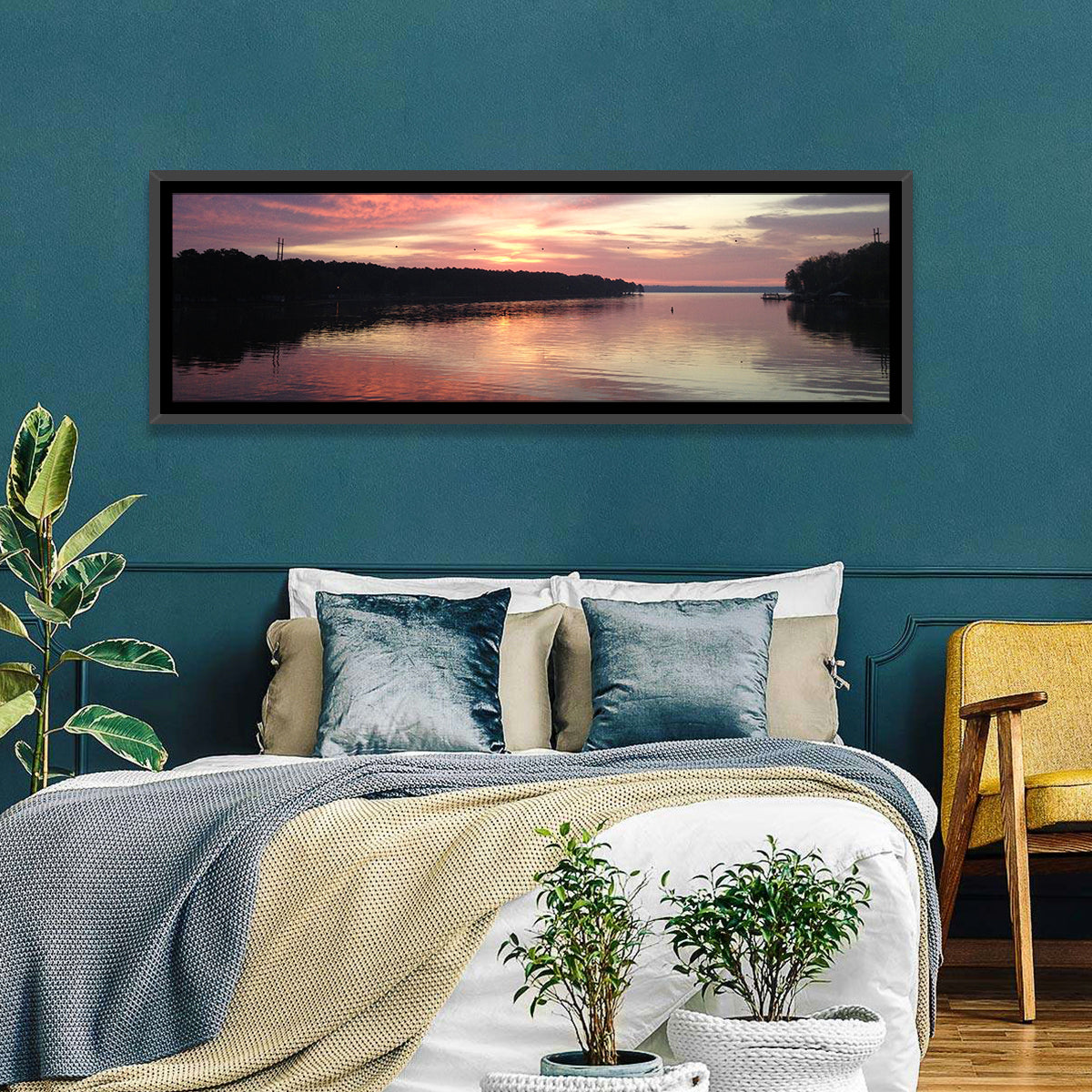 Lake Eufaula Sunset Wall Art in a room, panoramic
