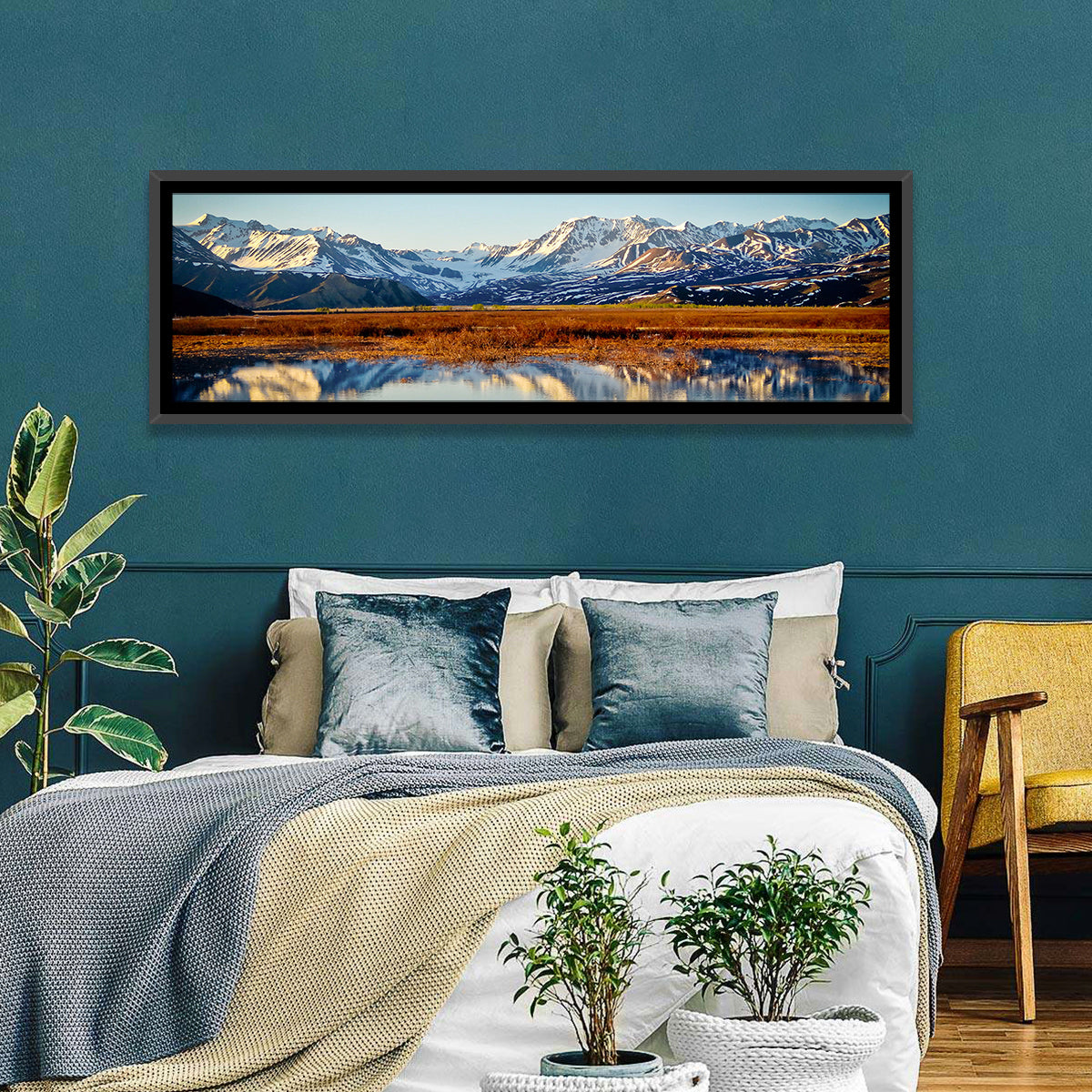 Summit Lake Reflection Wall Art in a room, panoramic