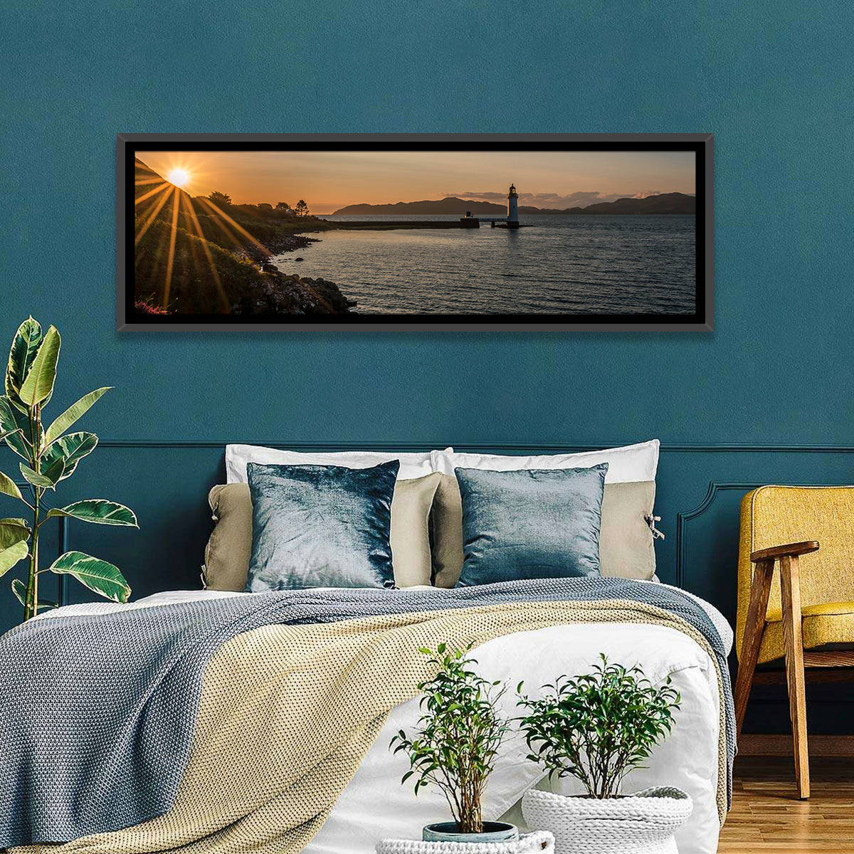 Dunollie Lighthouse Golden Hour Wall Art in a room, panoramic