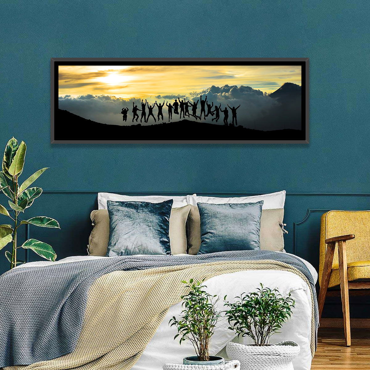 Golden Team Silhouettes at Sunset Wall Art in a room, panoramic