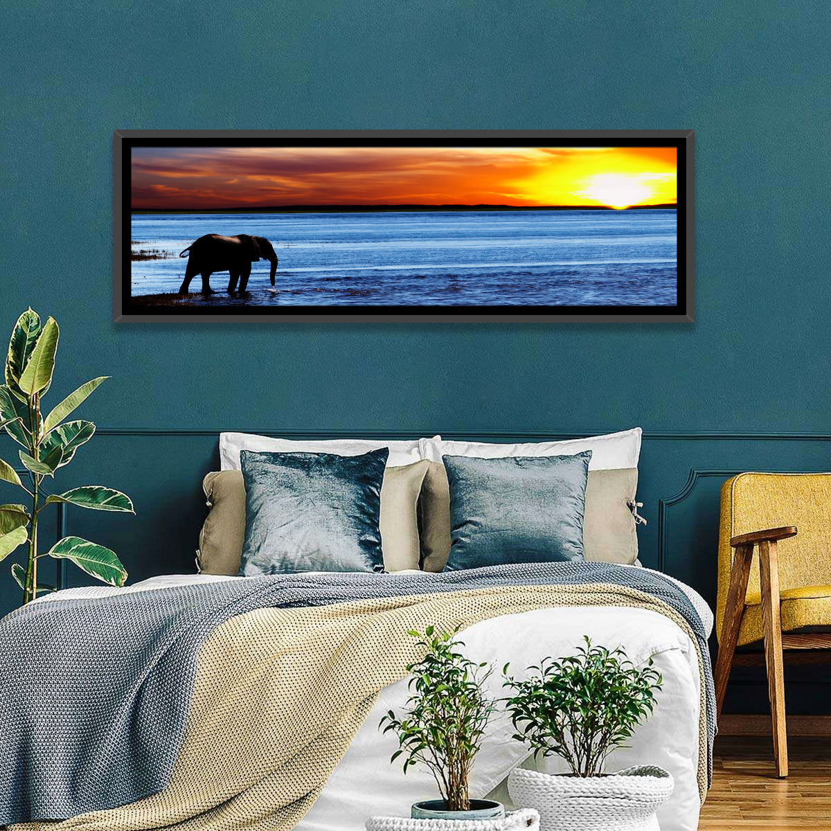 Elephant Silhouette at Beach Sunset Wall Art in a room, panoramic