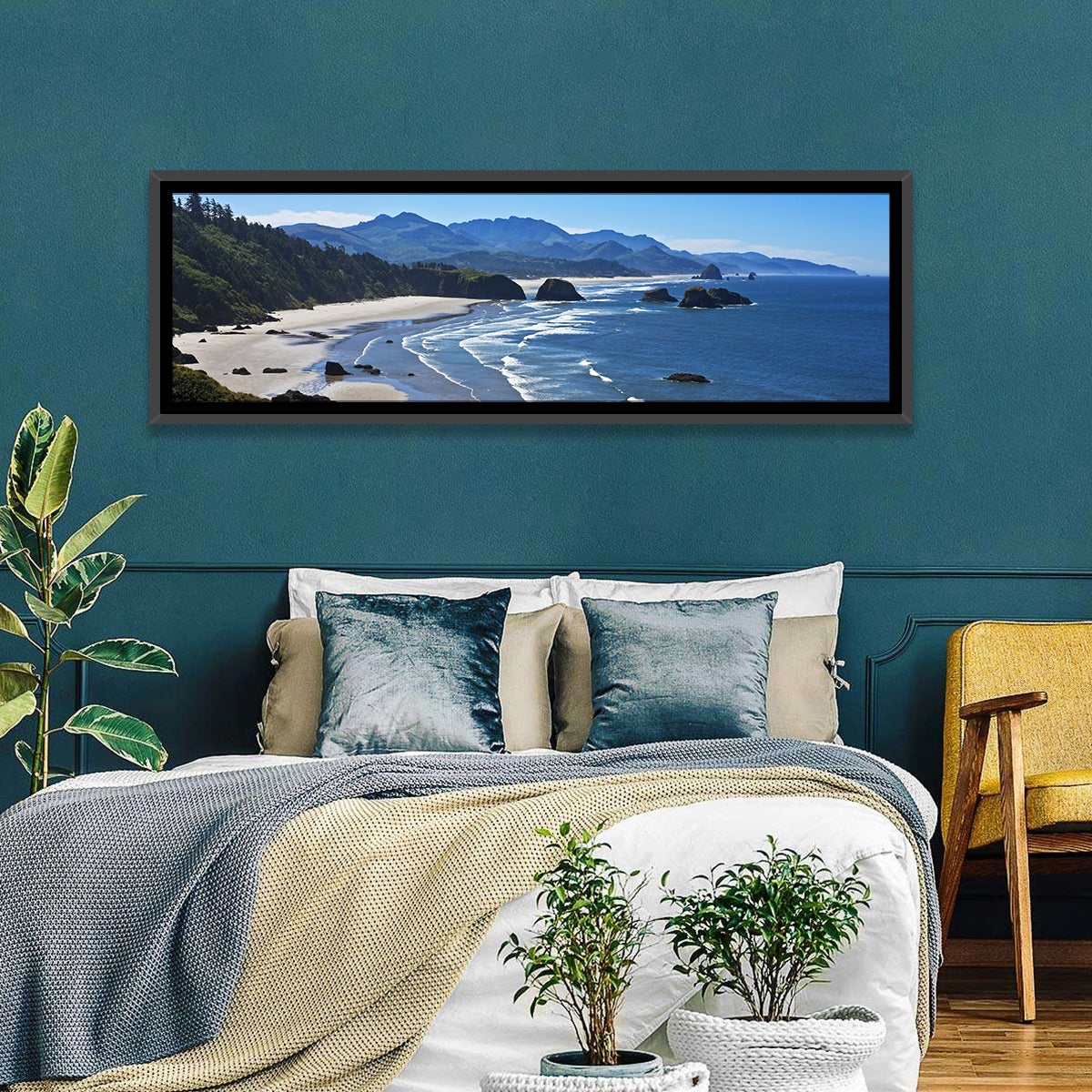 Cannon Beach Morning Shoreline Wall Art in a room, panoramic