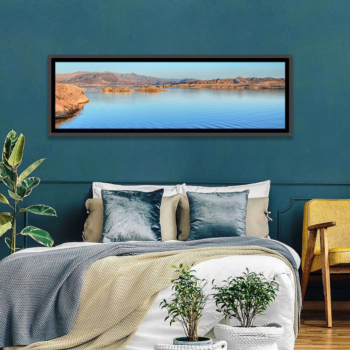 Lake Mead Rocky Shoreline Wall Art in a room, panoramic