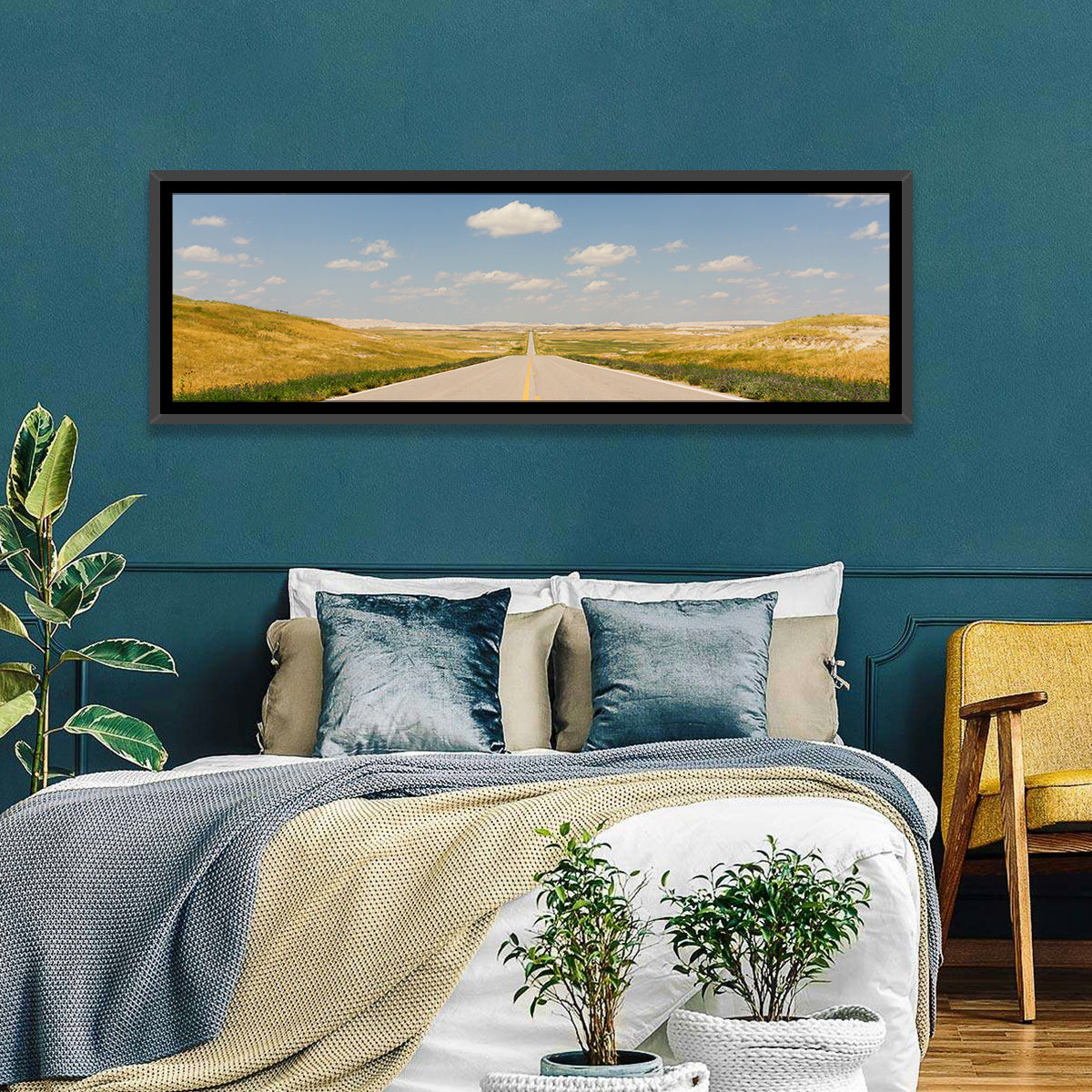 North Dakota Road to Horizon Wall Art in a room, panoramic