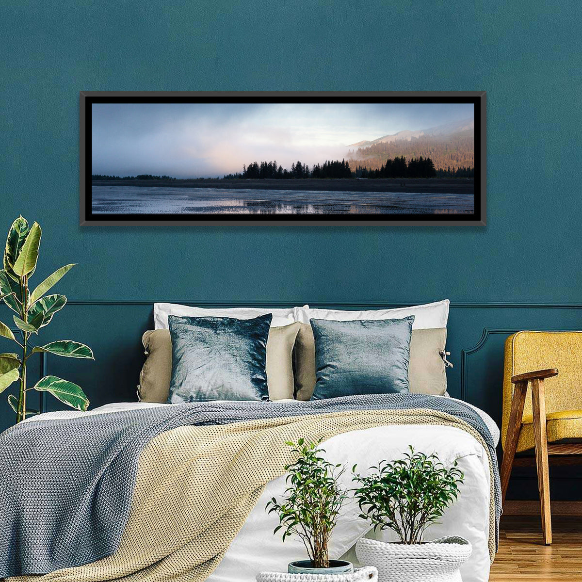Lake Clark Foggy Shoreline Wall Art in a room, panoramic