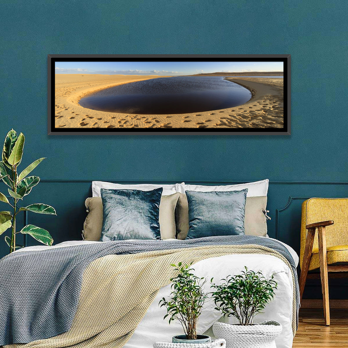 Fayoum Lake Footprints Wall Art in a room, panoramic