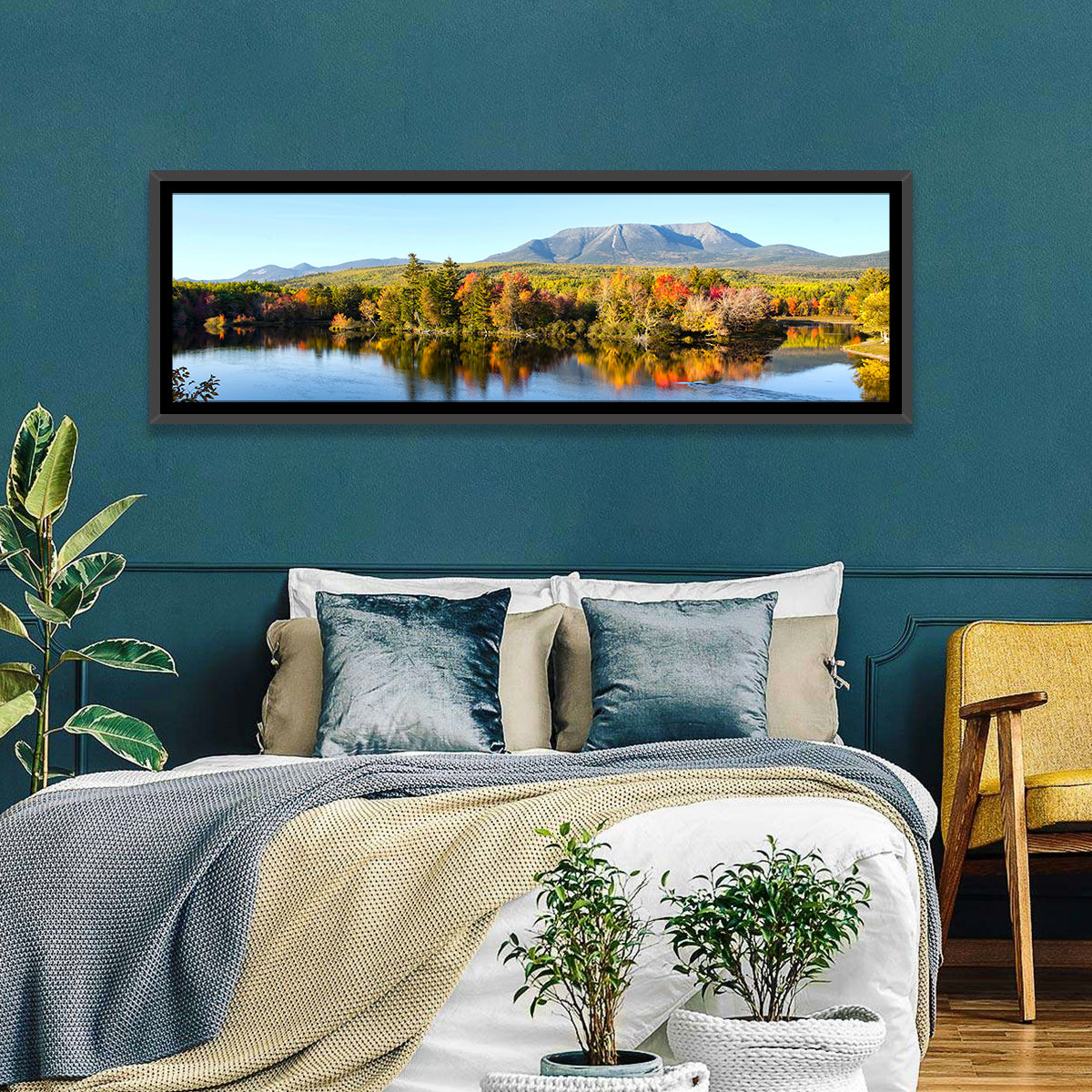 Mount Katahdin Autumn Reflection Wall Art in a room, panoramic